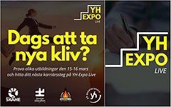 Bildcollage med två bilder som visar information skriven med gul text på svart bakgrund om YH Expo Live 15-16 mars. 