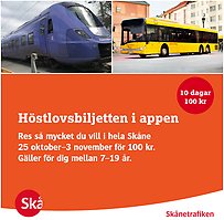 Skånetrafiken erbjuder även hösten 2019 en höstlovsbiljett för ungdomar 7-19 år.