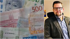 pengar, svenska sedlar i collage tillsammans med kommunstyrelsens ordförande Torgny Lindau (PF)