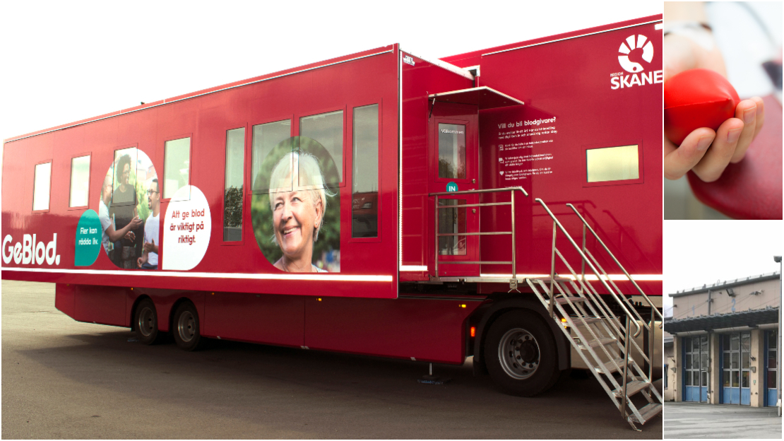 Bildcollage med tre bilder. Blodgivartrailer besöker Räddningstjänsten, Räddningsvägen. Onsdag 9 oktober 2024. Exteriör Räddningstjänsten samt person som håller ett föremål i handen formad och färgad röd som en bloddroppe.