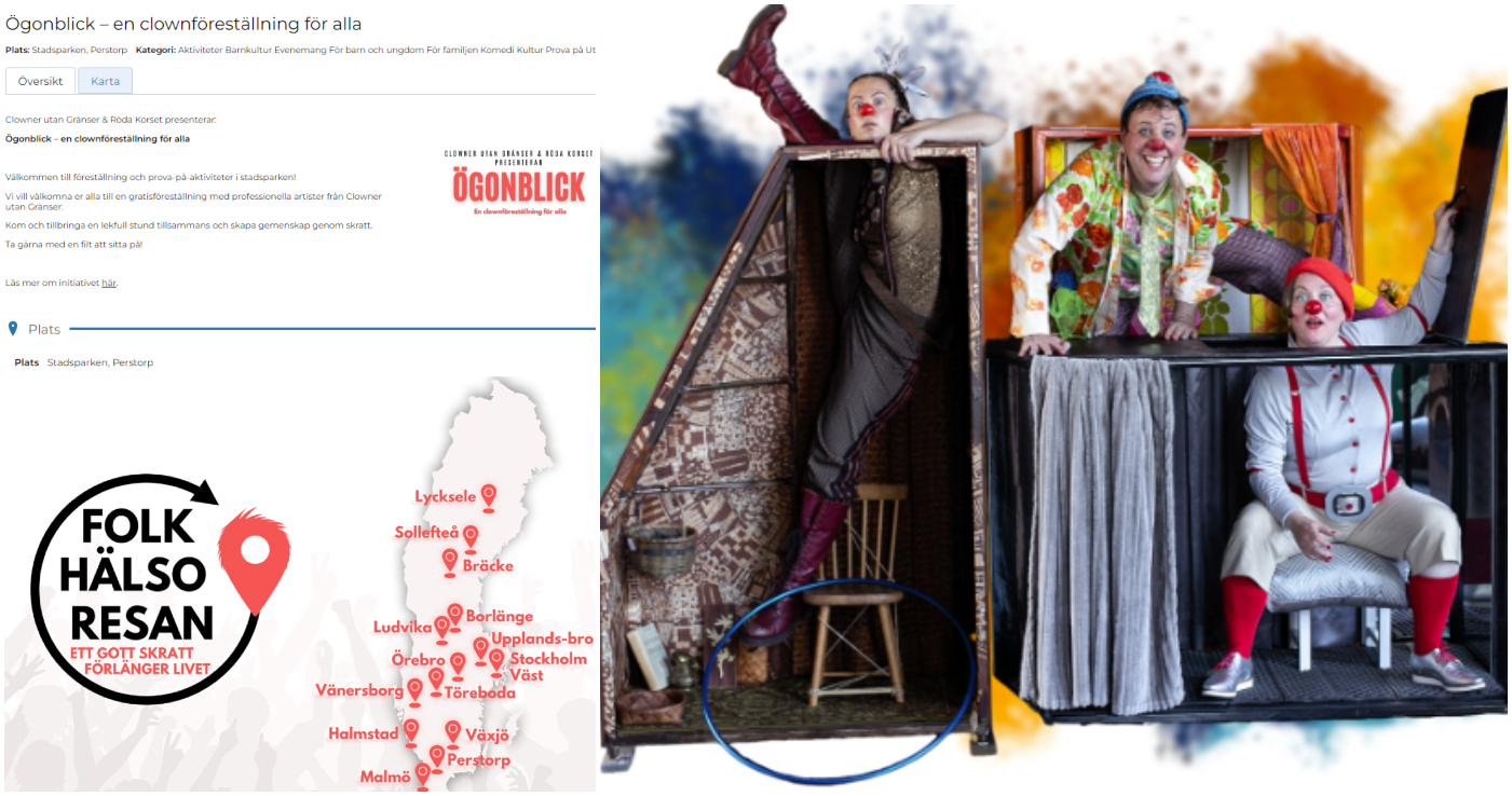 Bildcollage med tre bilder där det framgår att det arrangeras en clownföreställning i Stadsparken i Perstorp 17 september. Skärmklippen är från kommunens evenemangskalender och Röda korsets webbplats med information om Folkhälsoresan och den turné som Clowner utan gränser är ute på.