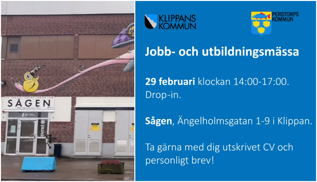 Bildcollage med två bilder där den ena visar exteriör Såge i Klippan och den andra md blå bakgrund har vit text som informerar om arrangemang den 29 februari klockan 14-17.
