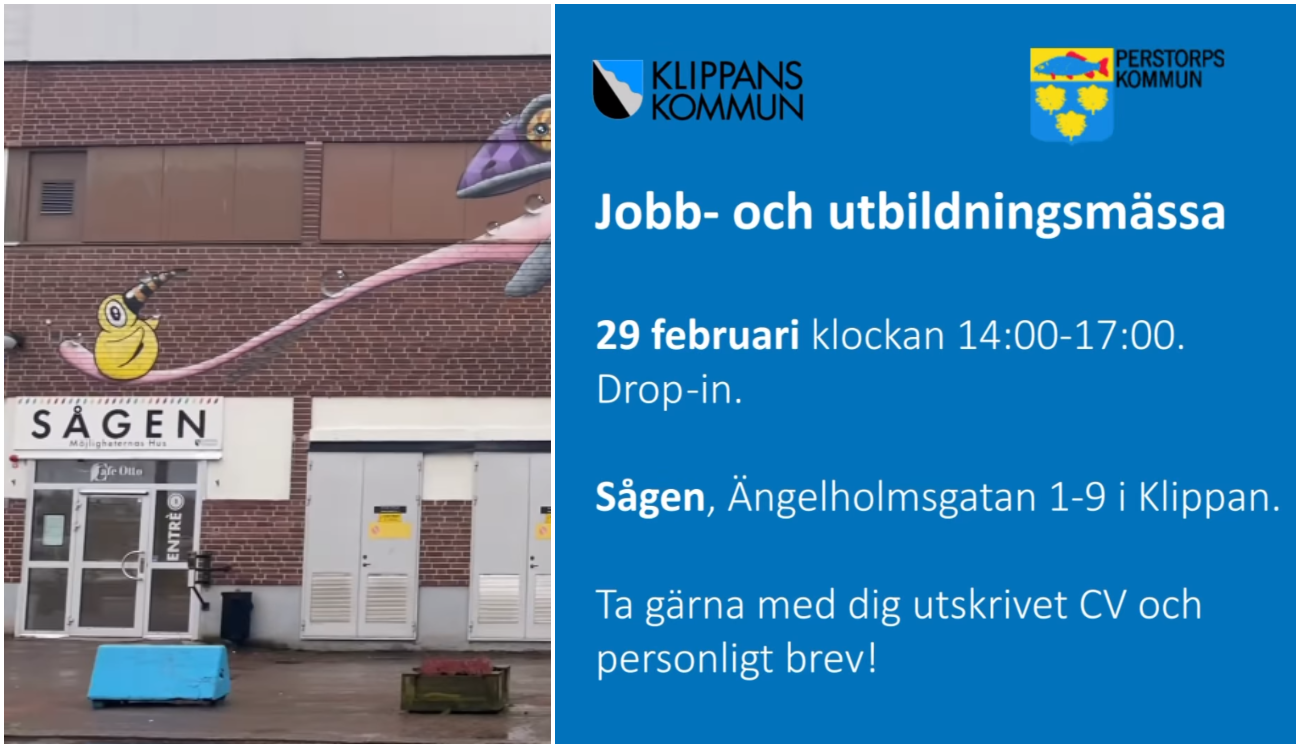 Bildcollage med två bilder där den ena visar exteriör Sågen i Klippan och den andra md blå bakgrund har vit text som informerar om arrangemang den 29 februari klockan 14-17.