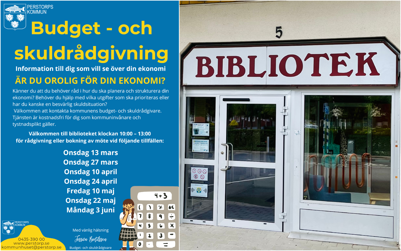 Bildcollage med två bilder där den första är en illustrerad affisch med blå bakgrund på vilken det står skrivet med gul och vit text att det finns möjlighet att träffa kommunens budget- och skuldrådgivare på biblioteket vid sju tillfällen under våren. Den andra bilden är exteriör entré biblioteket.