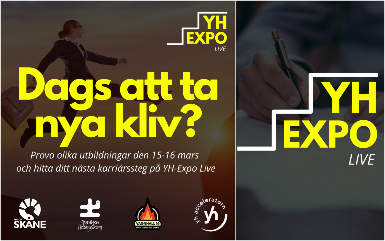 Bildcollage med två bilder som visar information skriven med gul text på svart bakgrund om YH Expo Live 15-16 mars. 