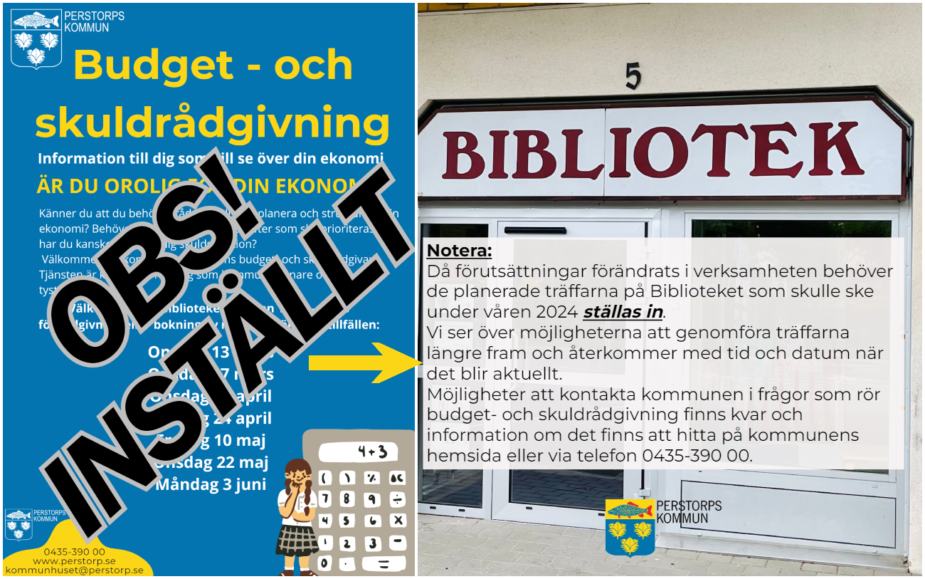 Bildcollage med information om att informationsträffar på biblioteket är inställda. En bild visar illustrerad affisch och den andra exteriör biblioteket