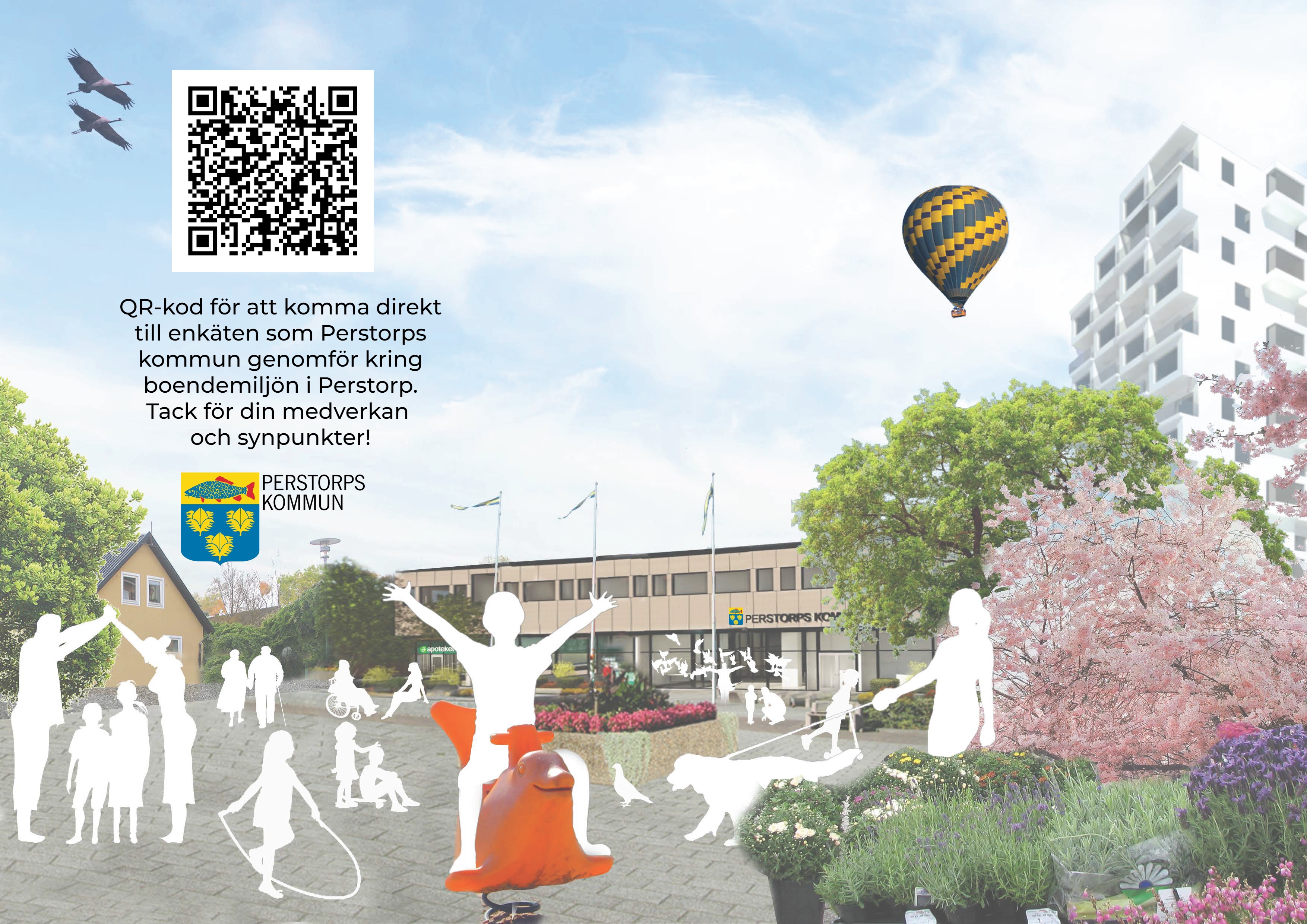 BIldillustration från torget i Perstorp med olika illustartioner och Centrumhuset i bakgrunden. I vänster bildkant ses en QR-kod och text som berättar att det genomförs en enkät om boendemiljön. Under texten ses Perstorps kommuns logotyp i färg,