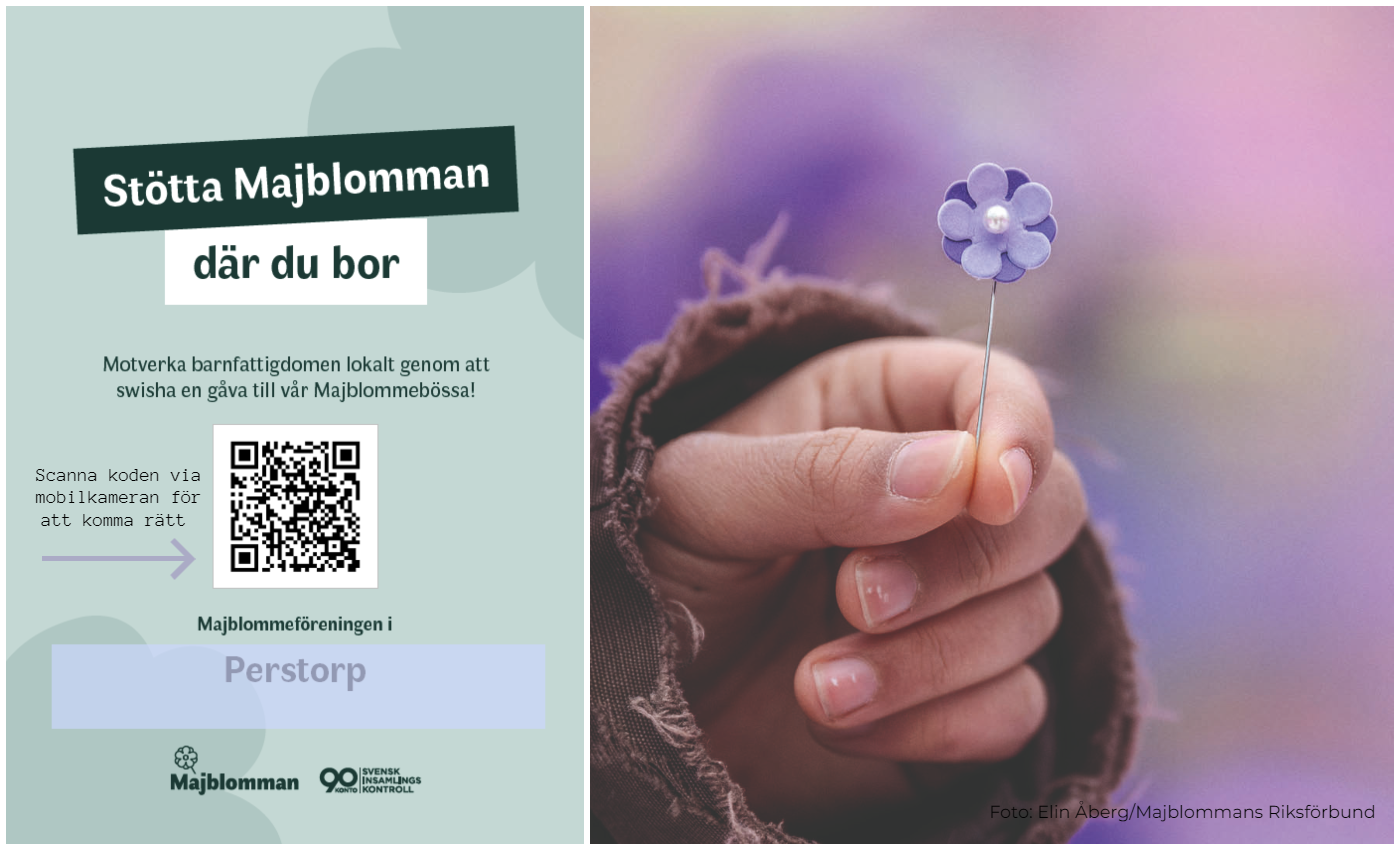 Bildcollage med information om försäljning av första majblomman. Årets majblomma är violfärgad. På den första mindre bilden finns en QR-kod som kan användas till att komma direkt till Majblommeföreningen i Perstorps Majblommebössa.