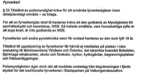 Utdrag från lokala föreskrifter om fyrverkerier