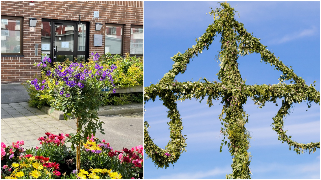 Midsommaröppet kundtjänst 2022. Bildcollage med Midsommartema samt exteriör kundtjänst entré.