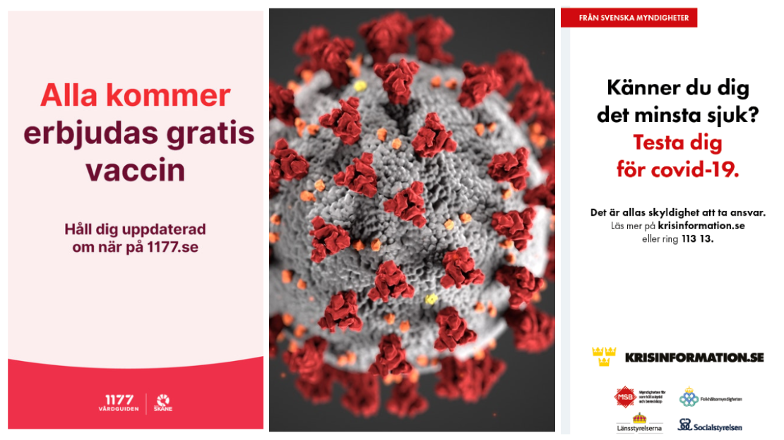 Håll avstånd och ta ansvar. Covid-19 virus. Läget är allvarligt. Testadig vid symtom. Information om vaccination via 1177.se