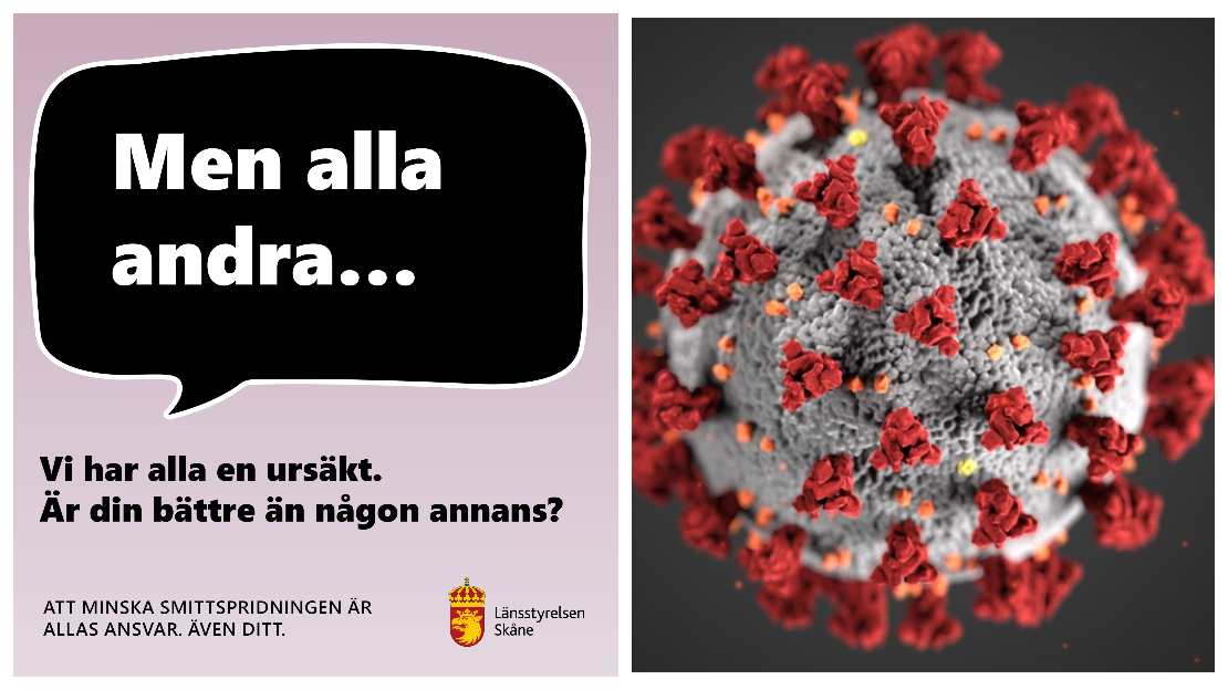 Håll avstånd och ta ansvar. Hitta inte på några ursäkter. Covid-19 virus. Läget är allvarligt. Testa dig vid symtom. Information om vaccination via 1177.se