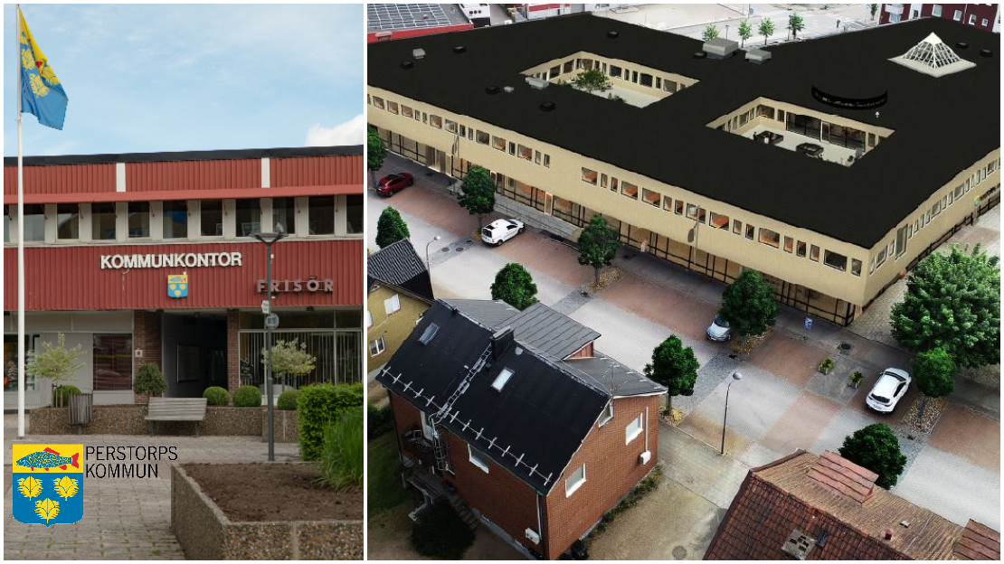 Bildcollage kommunhuset Perstorp som byggs om till ett centrumhus