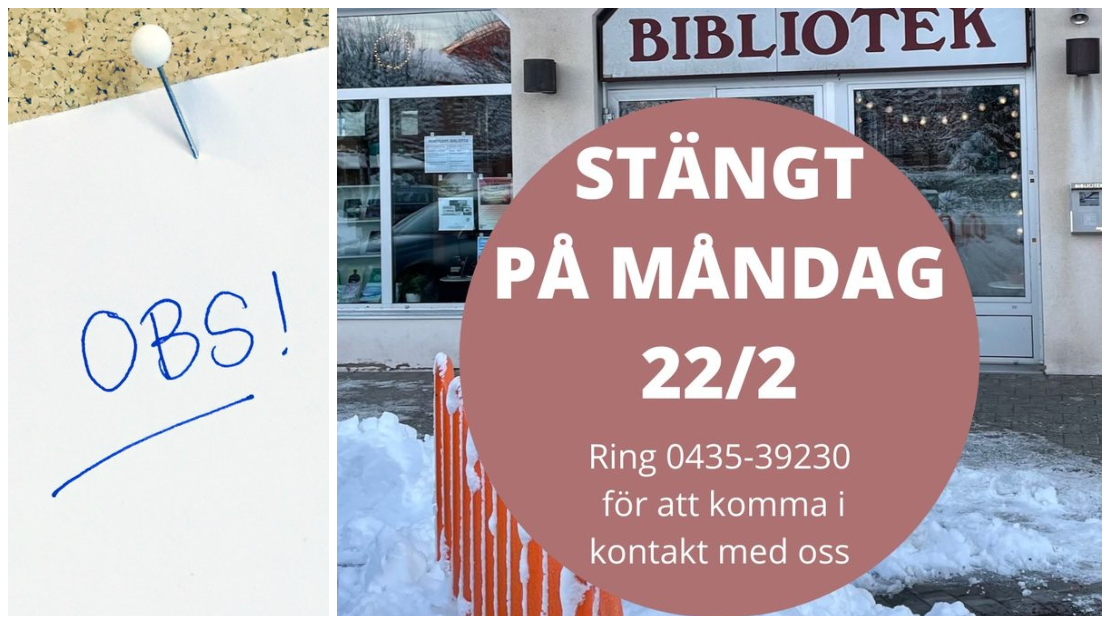 Perstorps Bibliotek. Stängt måndag 22 februari.