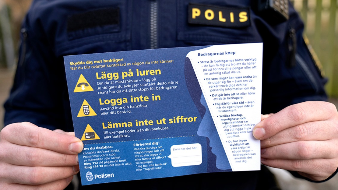 Vykort från polisen med information om hur agera vid telefonbedrägerier