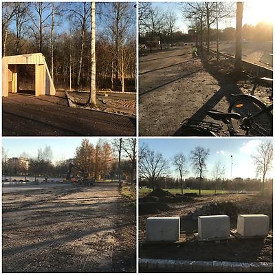 Bildcollage som visar pågående arbete med temiljön vid Ugglebadet och ugglehallen. Bland annat utökas antalet parkeringsplaster och ett utegym byggs vid spårcentralen.