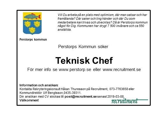 Perstorps kommun söker teknisk chef. Sista ansökningsdag 8 mars 2019