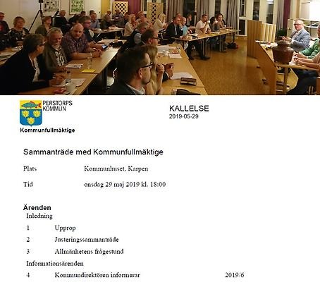 Kommunfullmäktige sammanträder 29 maj i lokalen Karpen på kommunhuset.