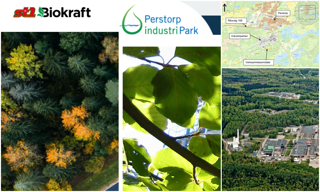 Bildcollage med skärmklipp från St1 och Perstorps industriparks webbplatser. DEssutom kartbild över området och vy över Perstorp Industripark.
