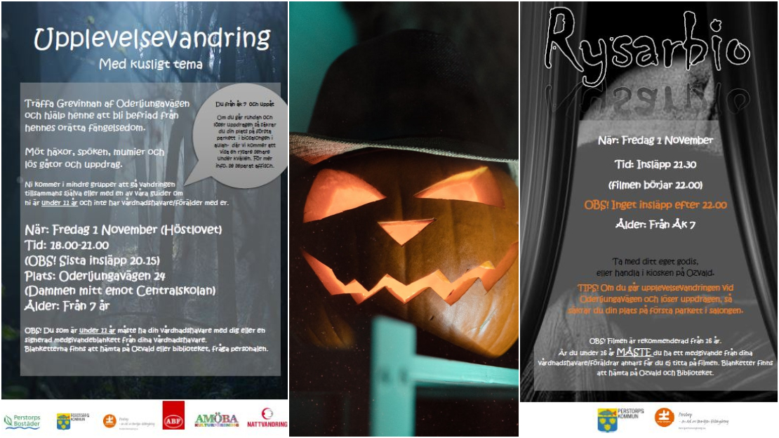 Halloween 1 november i Perstorp med upplevelsevandring och rysarbio