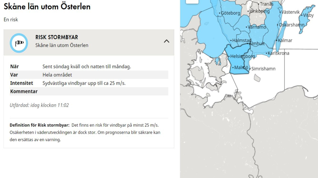 SMHI vädervarnar för stormbyar under dygnet söndag-måndag.