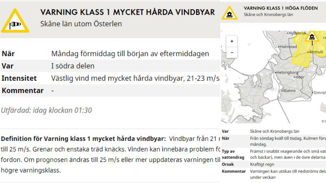 SMHI varnar för hårda vindbyar och höga flöden i bäckar och diken.