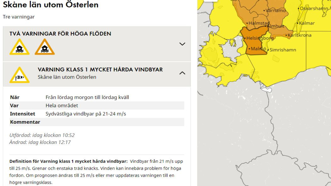 SMHI utfärdar varningar för höga flöden och mycket hårda vindbyar från lördag morgon till lördag kväll (22 februari)