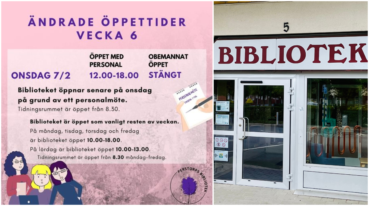 Bildcollage med två bilder där den ena är ena är en illustrerad variant i rosa lila nyans som berättar att biblioteket öppnar senare den 7 februari. Den andra bilden visar exteriör biblioteket.