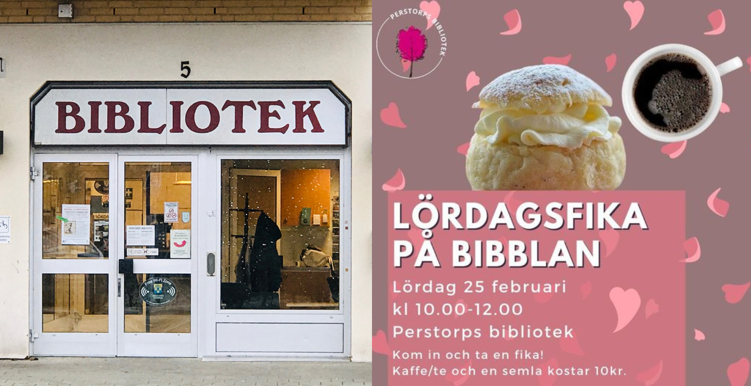 Bildcollage med entré biblioteket och information om lördagsfika den 25 februari.