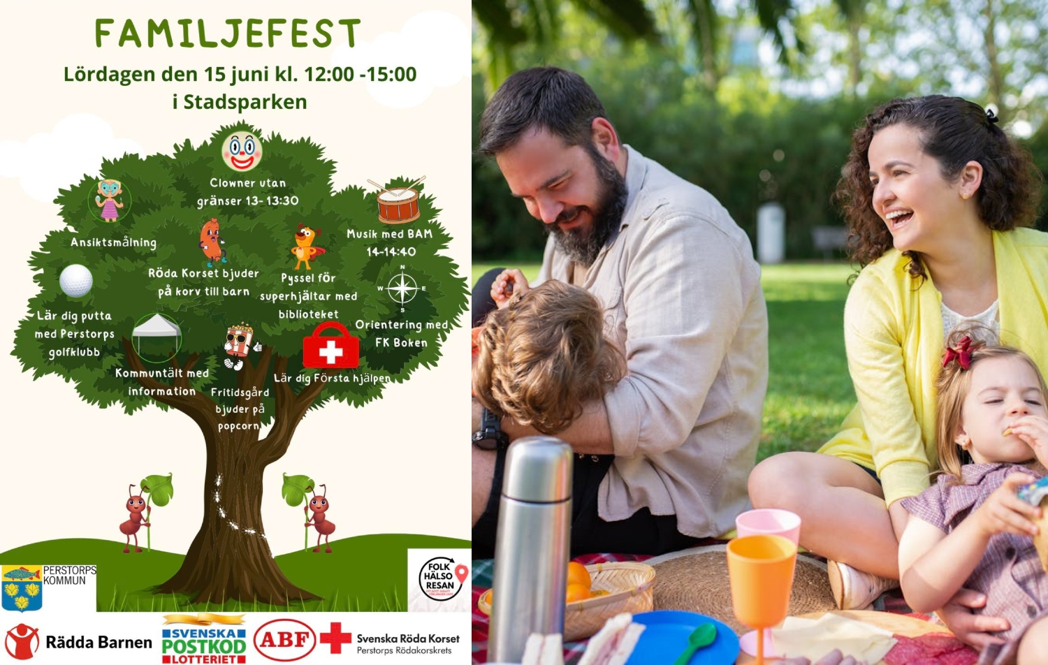 Bildcollage med två bilder där den första är en tecknad affisch med information om familjefest i Stadsparken 15 juni 2024