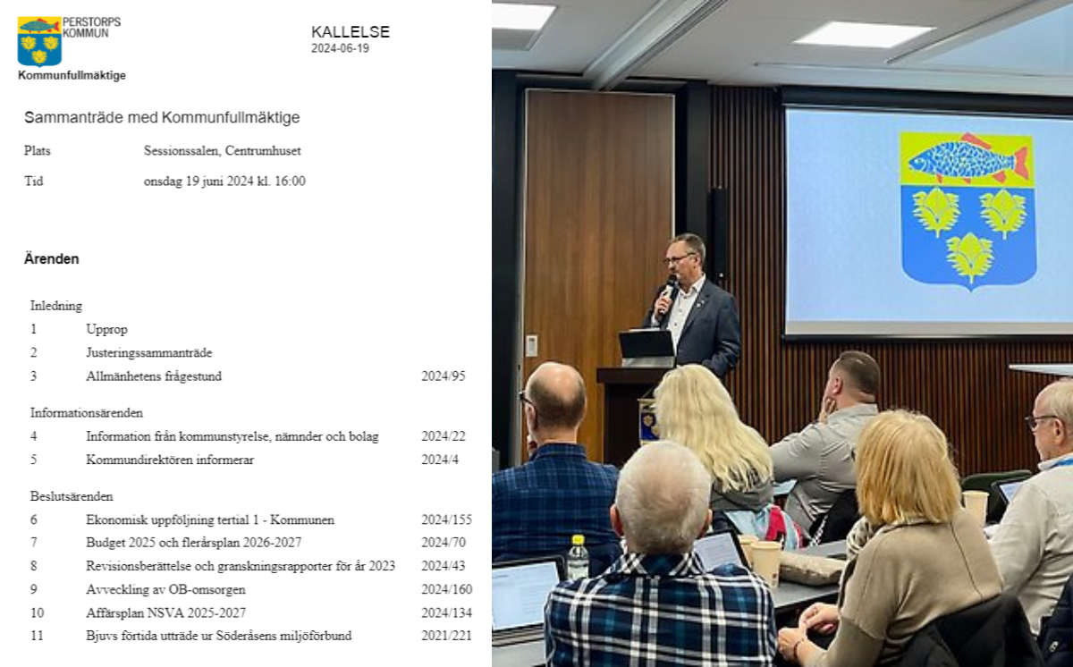 Bildcollage med två bilder inför sammanträde i kommunfullmäktige. Bild 1 visar ett skärmklipp frånn första sidan i kallelse och handlingar. Bild två visar en manlig politiker som står i talarstolen och pratar i mikrofon.