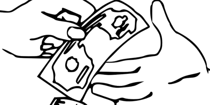 Illustrerad bild med händer som räcker över sedel och kvitto