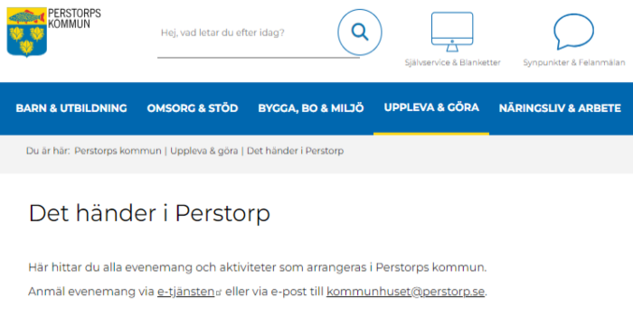 Skärmklipp från evenemnagskalender Perstorps kommun