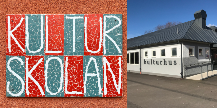 Bildcollage med två bilder som visar texten Kulturskolan skriven med mosaik. Bilden bredvid visar exteriör Kulturhuset där Kulturskolan bedriver verksamhet.