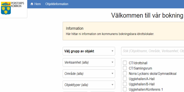 Skärmklipp från bokningssida lokaler Perstorps kommun