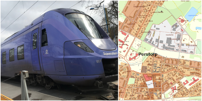 Bildcollage med två bilder som visar ett lila pågatåg samt en kartbild över Perstorp