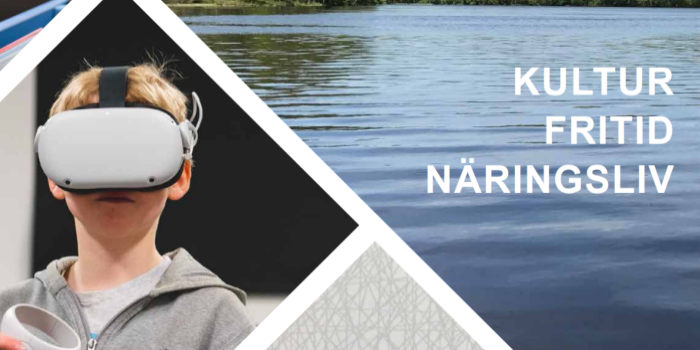 Skärmklipp från framsida på Informationsbroschyr om fritid, kultur och näringsliv i Perstorps kommun. På bilden ses en pojke med VR-utrustning samt en bild på en sjö.