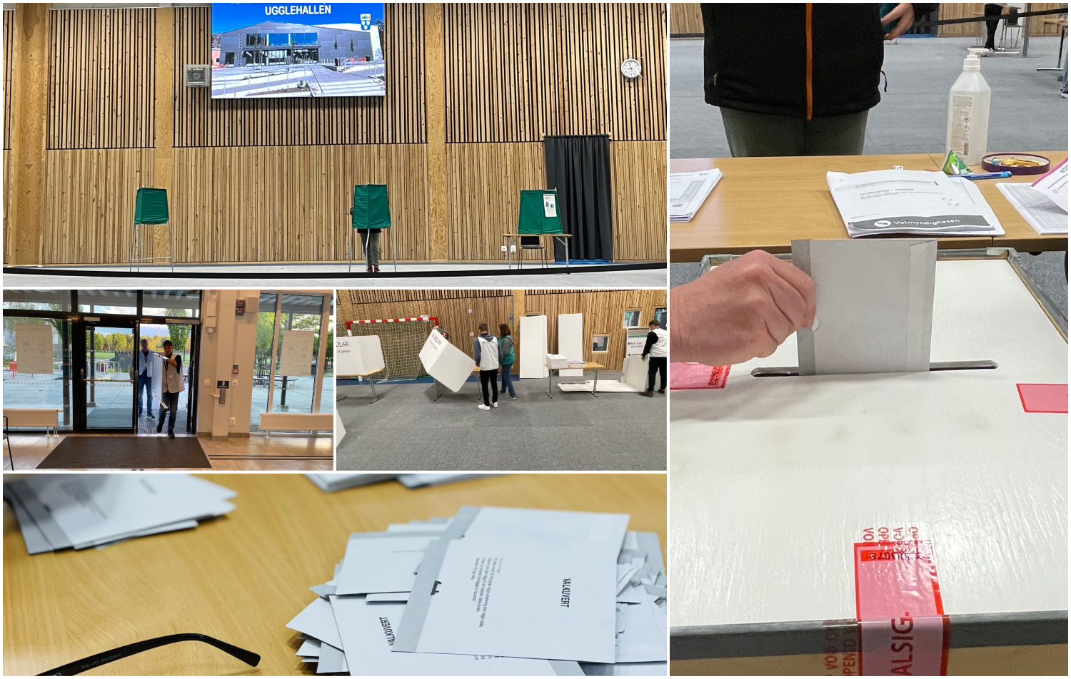 Bildcollage från EUval 2024 Perstorp. Vallokal Ugglehallen