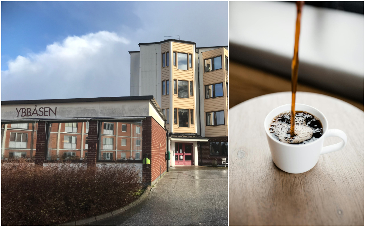 Bildcollage med två bilder där den första visar exteriör Ybbåsen och den andra en kaffekopp som fyllls med kaffe.