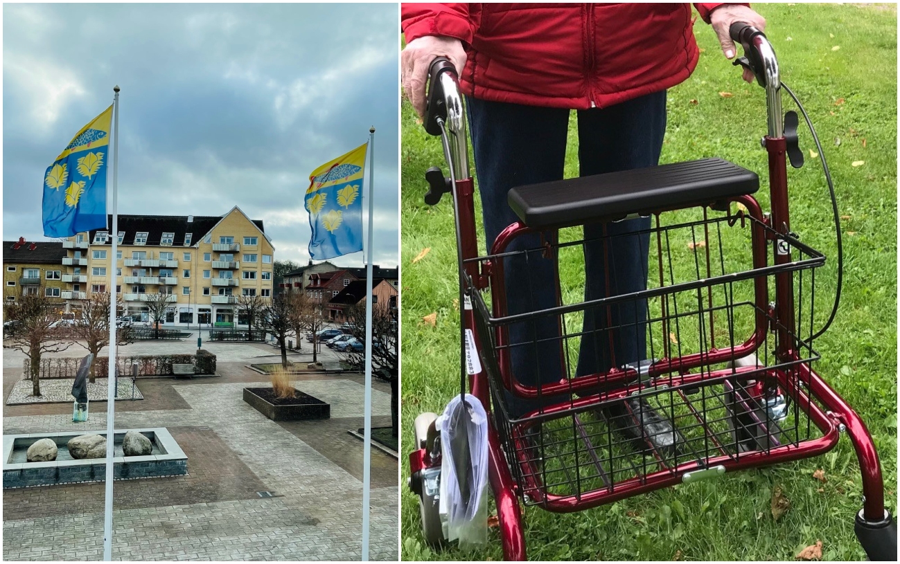 Bildcollage med två bilder där den första visar torget i Perstorp. Flaggor med kommunens vapen ses vaja på flaggstängerna. I bakgrunden ses även bibliotekshuset. Bilden bredvid visar en vinröd rollator som en äldre person går med på gräs.