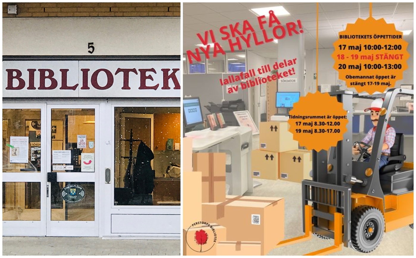 Bildcollage med två bilder. Den till vänster visar exteriör biblioteket och den till höger visar en illustrerad truck som flyttar hyllor vilket symboliserar det faktum att biblioteket får nya hyllor och därför behöver ha stängt vissa dagar vecka 20.