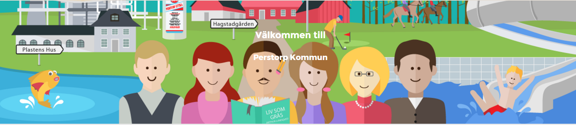 Tecknad bild med illustrationer över platser, saker och personer förknippade med Perstorp.