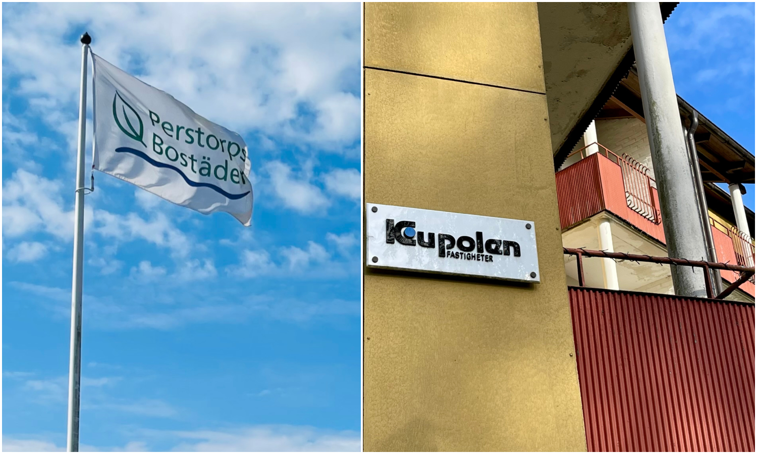Bildcollage med flagga och fasadskylt