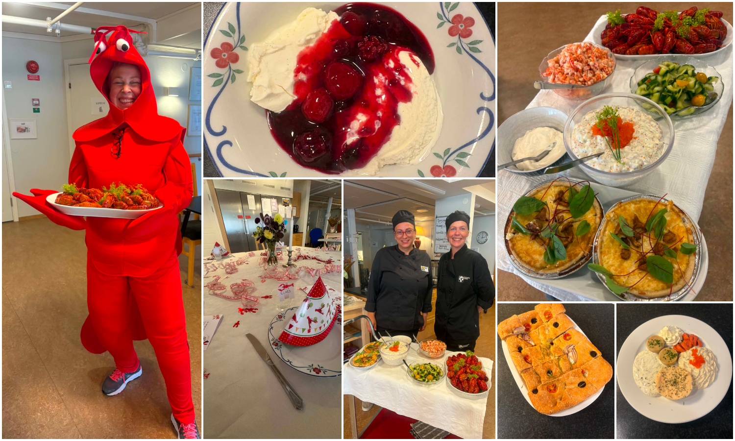 Bildcollage med sju bilder från kräftskiva på Österbo. Maträtter, pynt och personal.