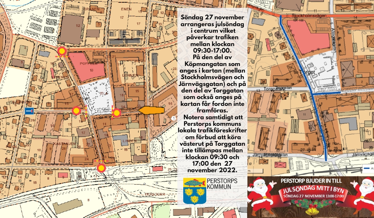 Bildcollage med kartbilder och information om avstängda vägar under julsöndag 27 november i Perstorp centrum
