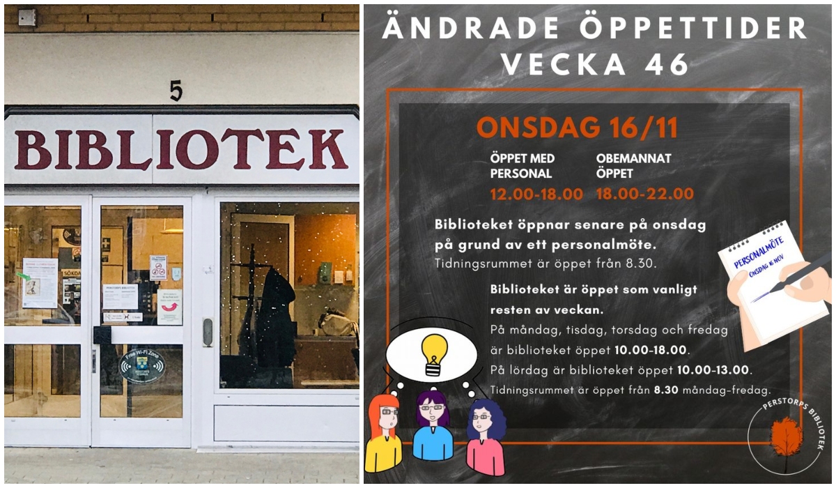 Bildcollage med exteriör biblioteket och information om öppettider vecka 46.