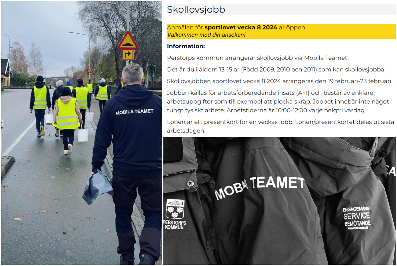 Bildcollage med information om skollovsjobb i Mobila Teamets regi under sportlovet v.8. En bild visar skollovsjobbar, en annan Mobilta Teamets jackor medan den tredje och sista bilden är ett skärmklipp från kommunens webbplats med skriftlig fakta om vad skollovsjobben innebär