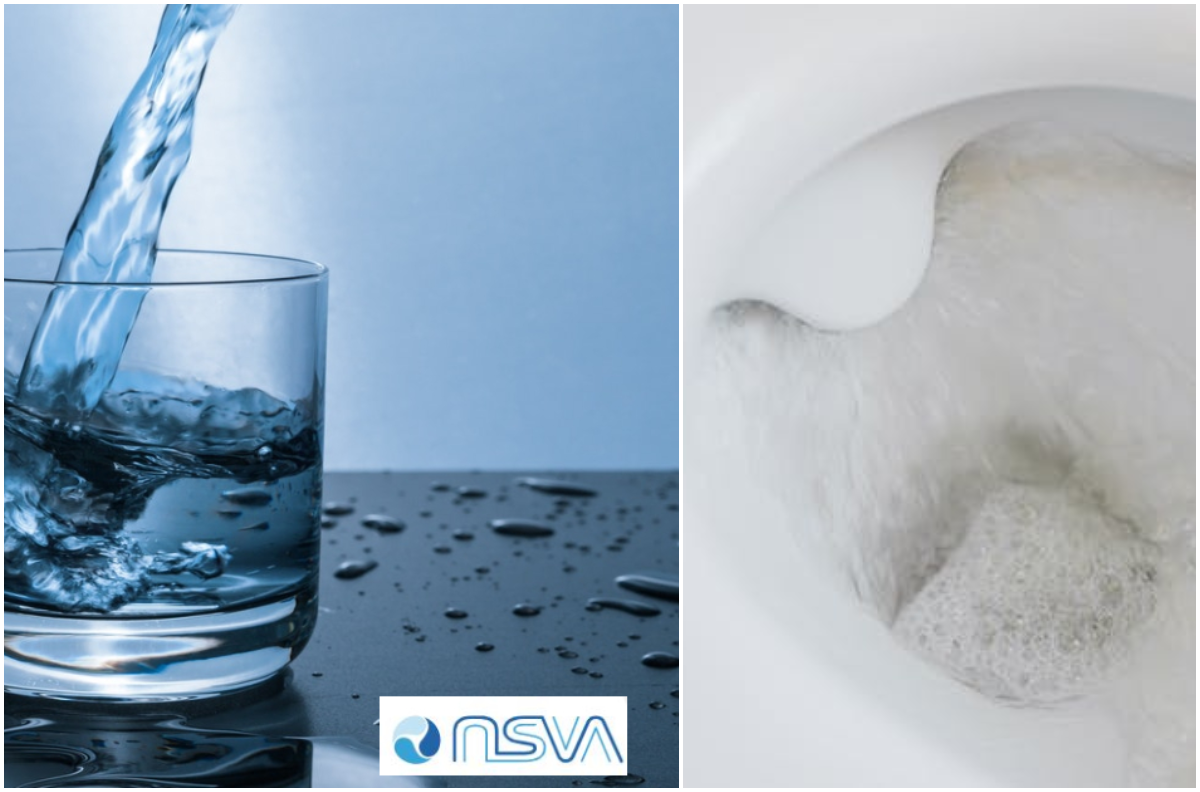 Bildcollage med vattenglas och spolande toalett. I mitten ses även logotypen för NSVA.