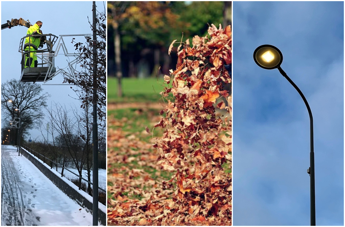 Bildcollage med tre bilder där den första visar en person i en kranlift som sätter upp julbelysning. Den andra bilden i mitten visar blåsande löv. Tredje och sista bilden visar tänd gatubelsyning dagtid. I bakgrunden blå himmel och moln.