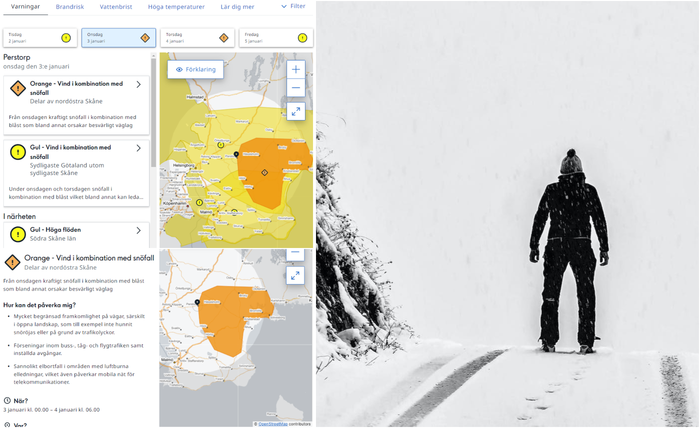 Bildcollage med tre bilder där de två mindre visar skrämklipp från SMHI:s väderprognos över Perstorp där vädervarning är utfärdad för snöfall i kombination med kraftig vind. Den tredje och största bilden visar en man som står på en snöig väg med ryggen mot kameran.
